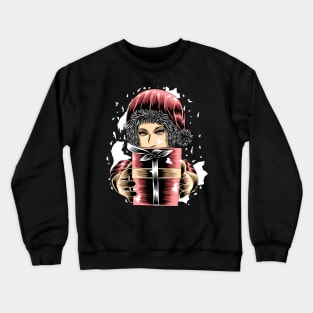 Artwork Illustration Girl In Santa Claus Costume Gives A Gift Box Crewneck Sweatshirt